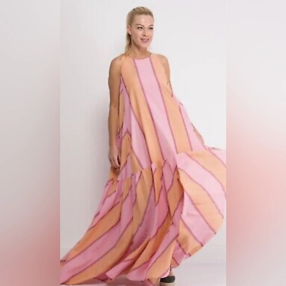 DEVOTON TWINS Maxi OS waistless sleeveless pink and orange sorbet summer dress